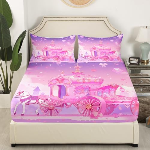Loussiesd Kids Girls Pink Fitted Sheet Single Princess Carriage Pink Bedding Set for kids boys girls Pink Love Heart Bed Sheets Soft Sheets Set No Flat Sheet - Image 2