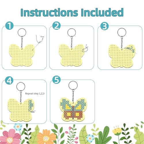 Image of JHGCVX 12 Pcs Wooden Cross Stitch Keychain Kit，Make Your Own Cross Stitching Keyrings，Butterfly Flower Love Star Wood Cross Stitching Keyrings for Beginners