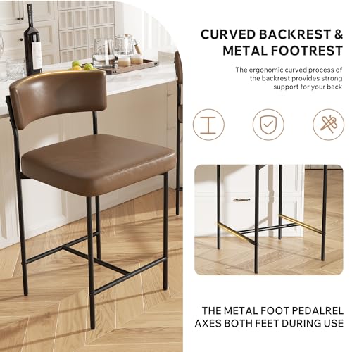 Image of Bar Stools Set of 2, Faux Leather Counter Height Barstools with Curved Back, 25 Inch Upholstered Bar Chairs, Modern Counter Stools for Kitchen lsland, Brown