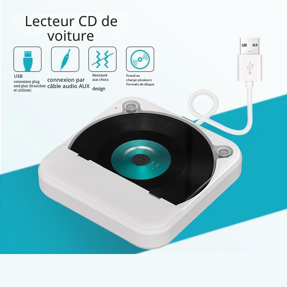Lecteur CD de voiture, USB, portable, lecteur CD externe, connexion AUX, système de divertissement pour ordinateur de maison et de télévision, avec plusieurs ports de connexion, pour système