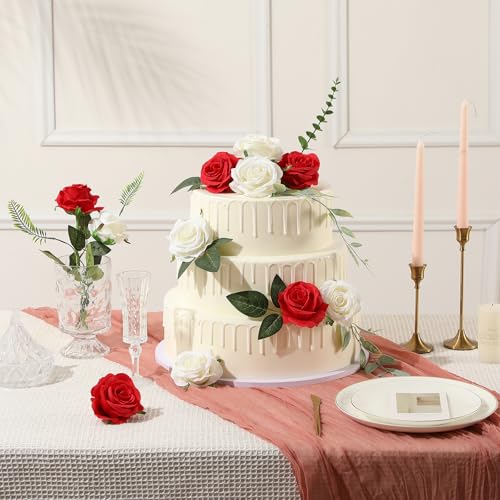 Image of Tifuly 12PCS Rose Artificial Flower, Single Stem Fake Floral Bridal Wedding Bouquet, Realistic Blossom Flora for Home Garden Party Hotel Office Decorations (Red)