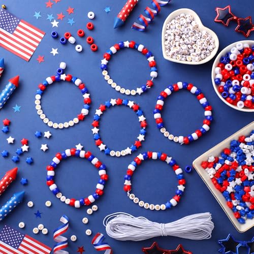 Highergo 1200 Pcs Patriotic Bracelets for Women, Red White Blue 250th Anniversary Bead Bracelet Set 4th of July DIY Craft Kit Stretch Independence Day Jewelry Accessories Outfits Festive Party