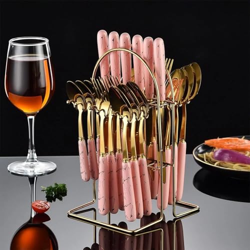 Image of Artek Stainless Steel Spoons, Forks & Knives Set of 24 with Stand and Ceramic Handle Golden Cutlery Set (Pink)
