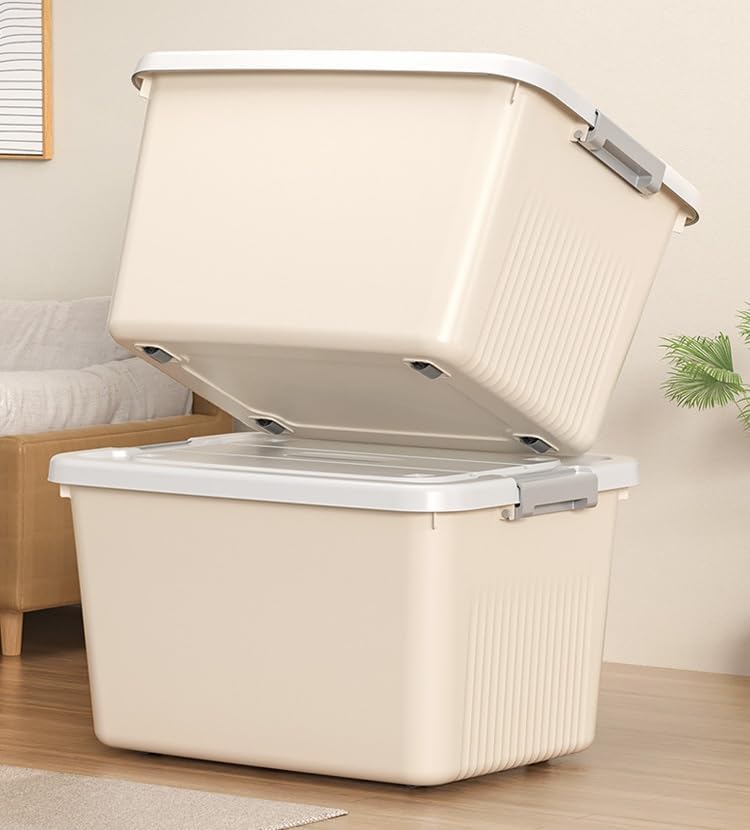 Image of Ash & Roh Plastic Storage Box /Bin /Container with Locking Lid - Sturdy and Versatile Home Organizer, Available in Multiple Size. (1, CREAM, medium 25cm X 34 cm X 18 cm)