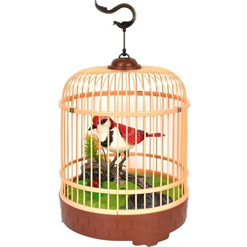PowerTRC Singing & Chirping Bird in Cage, Realistic Sounds & Movements, Sound Activated, Battery Operated, Great Desk and Room Accessory, Pet Caged Bird Toy (10” x 7”)