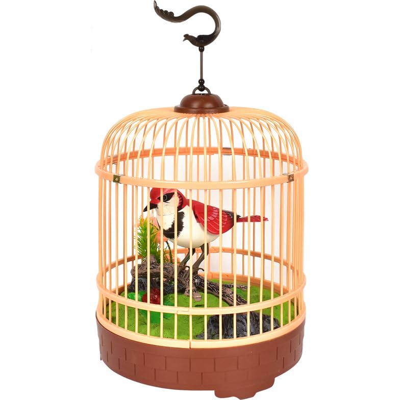 PowerTRC Singing & Chirping Bird in Cage, Realistic Sounds & Movements, Sound Activated, Battery Operated, Great Desk and Room Accessory, Pet Caged Bird Toy (10” x 7”)