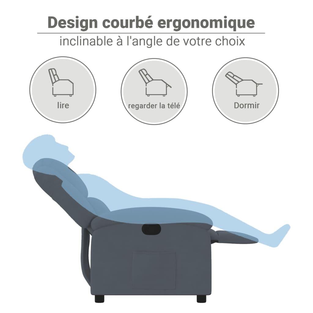 vidaXL Fauteuil Inclinable, Chaise de Relaxation avec Dossier et Repose-Pied, Siège Inclinable, Fauteuil TV de Salon, Moderne, Gris Foncé Velours