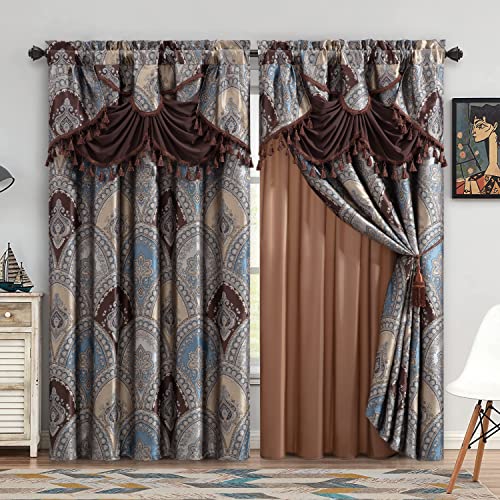 Sterling Creek VENETIAN-CURTAIN 4-Piece Luxury Medallion Floral Jacquard Window Curtain Set With Attached Valance Sheer Backing cover