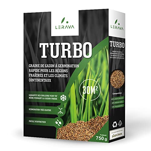 LERAVA TURBO gazon a semer à germination rapide - pour les régions fraîches - gazon regarnissage - couleurs vert vif, graines de gazon résistantes - 30m² Cover