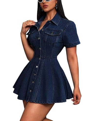 utcoco Women's Denim Mini Dress Casual Lapel Button Down Short Sleeve Flared Hem Jean Dress (X-Small, Dark Blue)
