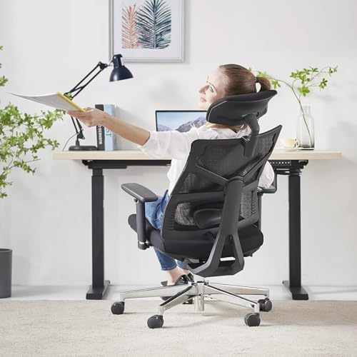 Bild 1 - Ergonomischer Bürostuhl mit Adaptiver Rückenlehne, Schreibtischstuhl mit 4D Armlehnen, Verstellbarer Sitztiefe, Lendenwirbelstütze und 2D Kopfstütze, Atmungsaktiver Netz-Chefsessel, Schwarz