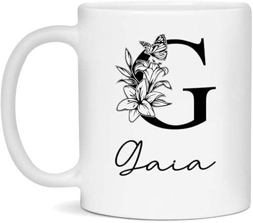 Gaia Personalized Name Mug, Initial G Custom Monogram Coffee Mug For Women, Floral Alphabet Letter White 11oz Ceramic Tea Cup
