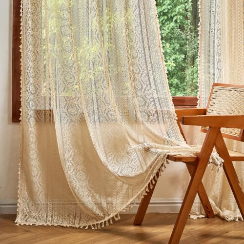 Image of MYSKY HOME Beige Boho Lace Sheer Curtains with Tassels 84 Inch Length 2 Panels Vintage Floral Bohemian Pattern French Rustic Crochet Geometry Striped Rod Pocket Drapes for Living Room Bedroom, 55 inch W