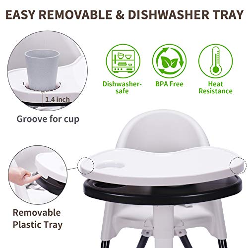 Image of High Chair Folding,One Click fold,Save Space, Detachable Double Tray, Infant Chair, Car Traveling, 3 in 1 Convertible, 3-Point Harness, Adjustable Footrest, Non-Slip Feet,White