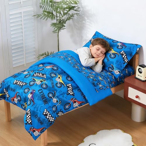 Image of lasoftan Toddler Bedding Set, Toddler Bed Comforter Sets for Girls, Toddler Bed Set, Motorcycle Printed