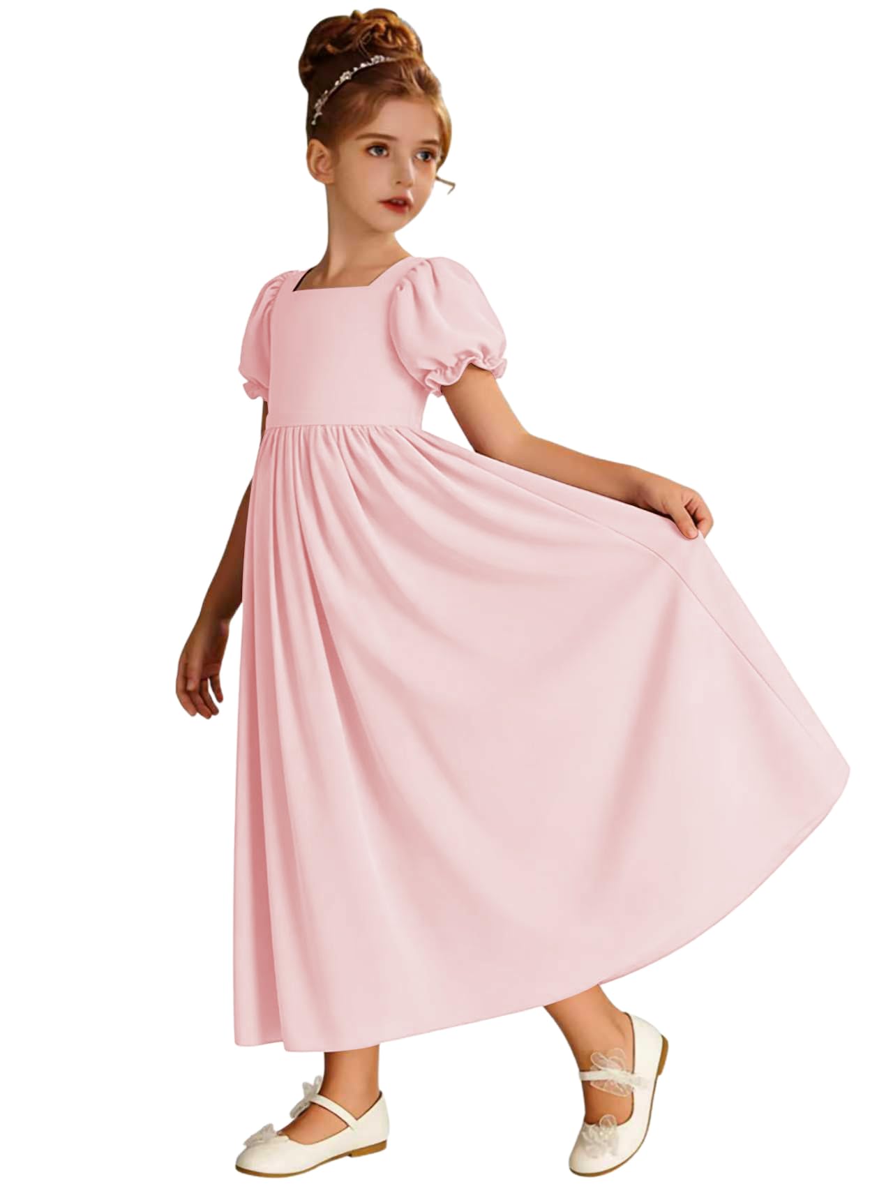 Ztikolen Long Chiffon Junior Bridesmaid Dresses for Wedding with Sleeve Formal Flower Girl Dress for Teens