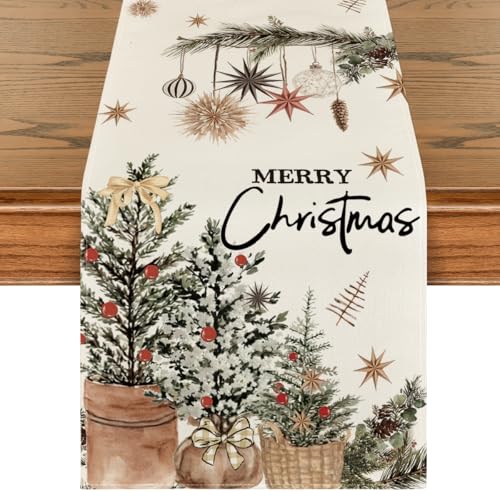 Artoid Mode Xmas Trees Holly Pine Cone Merry Christmas Table Runner,...