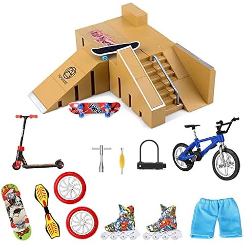 HOMETALL Fingerboard Skatepark Set 5Pcs with 13Pcs Mini Finger Toy Set Including Finger Skateboards, Finger Bike, Fingerboard Skate Park Skateboard Ramps Rail Pack for Kids Gift Cover