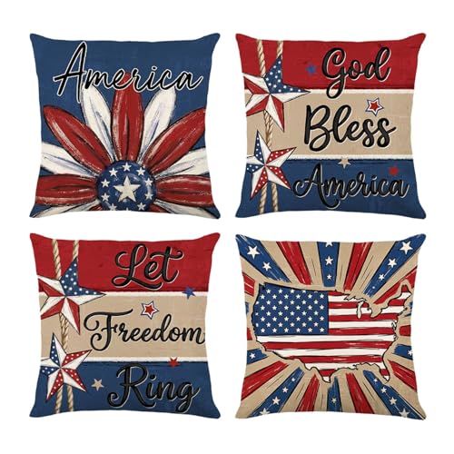 ONFAON 4th of July Freedom Throw Pillow Cover 18x18 Inch Let Freedom Ring Stars Red White Flower Patriotic Independence Memorial Day USA Flag Cushion Case for Sofa Couch Set of 4