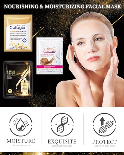Face Mask Set-12 Packs Hydrating Facial Sheet Mask, Snail Collagen 24K Gold Glowing Skin Moisturizing Full Face Skincare Facial Mask,Mother's Day Skin Care Product Gift Kit for Women Men-Set A - Image 3