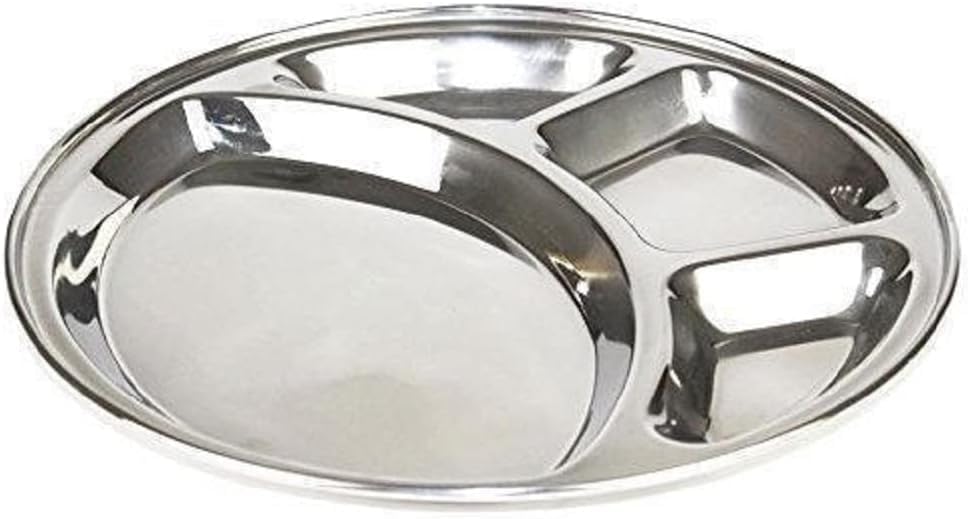 Lot de 4 assiettes à déjeuner rondes indiennes en acier inoxydable 4 en 1 pour la maison, restaurant, pique-nique, camping