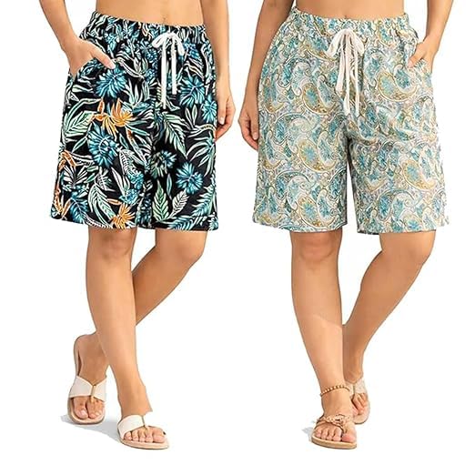 Women's Printed Shorts with Drawstring Waist, Tropical and Paisley Floral Patterns, Side Pocket, Multiolor, Multi Design Pack of 2 - Size Fit to Wiast 28 to 32-image-19