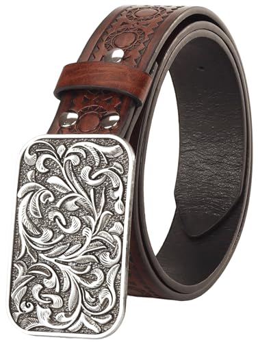 Western-Leather Belts for Women Classic Cowboy Cowgirl Embossed Belt with Floral Vintage Buckle for Jeans Pants4