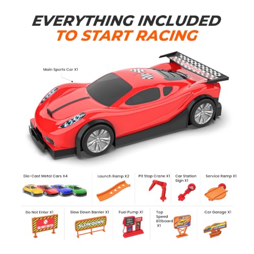 Image of Mirana Car-in-Car Garage Toy for Kids | 4 Diecast Metal Alloy Cars Playset | Foldable Storage with Handle | Store Upto 16 Vehicles | Birthday, Diwali, Return Gift for Boys & Girls 18+ Months (Red)