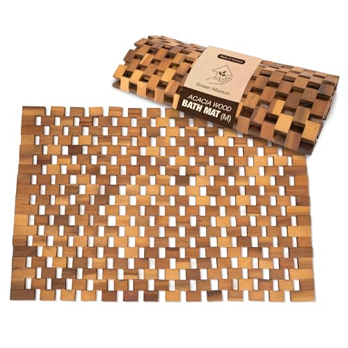 Acacia Wood Bath Mat - Non Slip Sturdy Wooden Bathroom Mat - Large Outdoor Shower Mat for Indoor & Outdoor Shower Spa Sauna Cold Plunge Camping 16 x 24