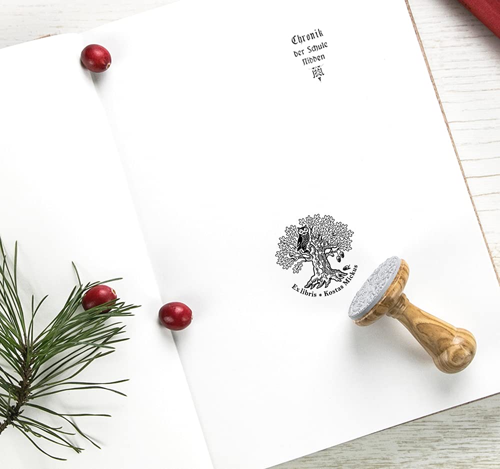 Ex libris Timbro Personalizzabile Gufo, Albero Quercia, Regalo Arte