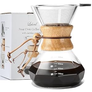 Pour Over Coffee Maker with Stainless Steel Filter, 20 oz Borosilicate Glass Coffee Carafe, Wooden Collar, Coffee Maker Carafe, Hold 3-4 Cups, 600 ml, Clear