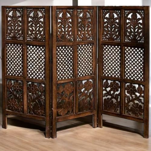 Image of Wooden Partition for Living Room, Privacy Divider, Wooden Room Separator, Divider for Office, Partition for Puja Room, (Mix Frame Design - Brown) (4 Feet 3 Panelss)