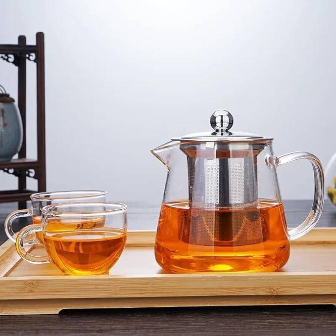 Image of PrimeWorld Premium 450ML Set of 1 Pc | Glass Teapot with Stainless Steel Infuser | Large Capacity Transparent Tea Kettle with Lid & Handle | Ideal for Loose Leaf Tea, Blooming Tea & Fruit Infusions