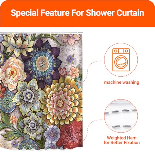 Lerores Shower Curtain, 240 x 200 cm, Bohemian Flower, Weighted Hem, Anti-Mould, Water-Repellent, Washable Polyester Bath Curtains with 16 Eyelets and Shower Curtain Rings for Bathroom, Bathtub - Image 3