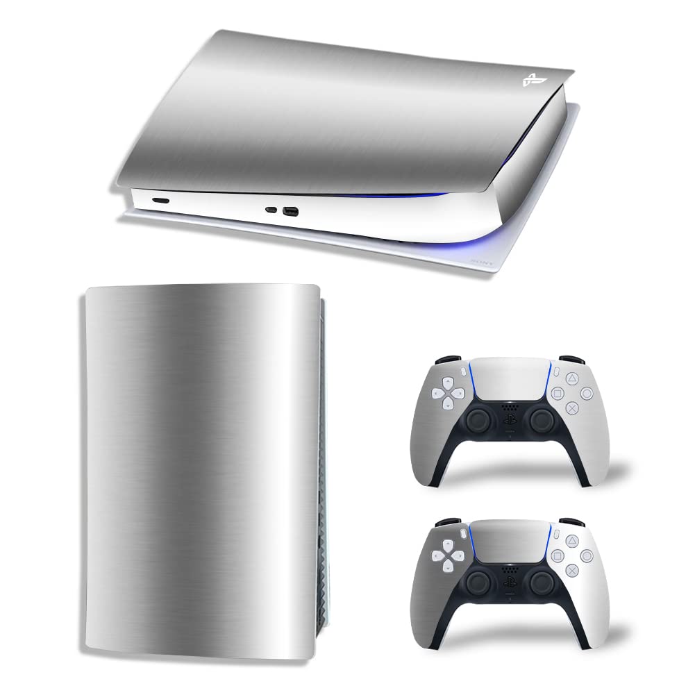 MaD Vision® Extra-Durable Skin Set in Vinile per PS5 Digital + 5 Paia di Aiming Rings | Kit Adesivo e Resistente ai Graffi per PlayStation 5 + 2 Controllers - Argento Cromato Effetto Specchio