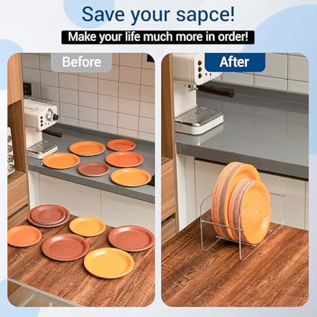 2 Pcs Acrylic Paper Plate Holders Space-Saving 7-12 Inch Disposable Plates Storage Organizer Round/Square Plastic, Foam & Paper Plate Dispenser for Cabinet, Countertop, RV or Outdoor Use