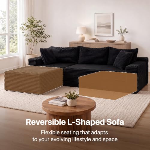 Image of Claiks 94 inch Boneless Couch, L-Shape Corduroy Sectional Sofa, Black