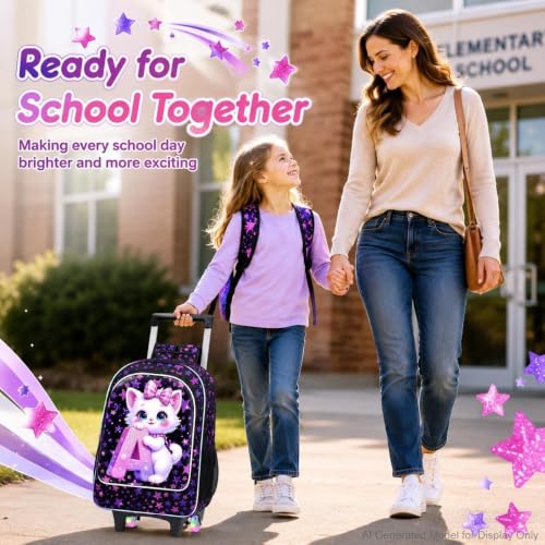 Image of CCJPX 18 inch Cat Rolling Backpack for Girls, 3Pcs Kids Glow Wheels Bookbag with Lunch Box, Lightweight Roller School Bag for Elementary Preschool (Black)