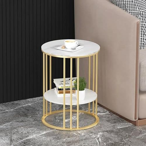 Image of Living Room Bedside Round Table Corner End Table Metal Nightstand or Mid-Century Modern Coffee Table with a Circle Accent for Compact Areas (White Gold)