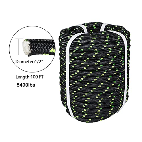 mitoharet 1/2 Inch x 100 FT Double Braid Polyester Arborist Rigging Rope,Nylon Pulling Rope Arborist Rigging Rope Sailing Rope for Camping Swings Arborist Gardening Marine, Black & Green