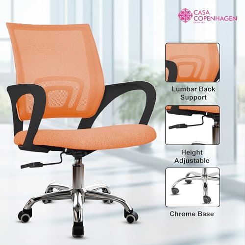 Image of Casa Copenhagen Mesh Mid Back Office /Study /Computer /Revolving /Desk Chair for Work from Home -Metal Base, Height Adjustable Seat -Orange& Black Handle