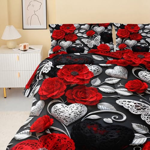 Image of QOOMO Red Flowers Kids Bedding Set,Cartoon Plants Comforter Set Full Size for Boys Girls Teen Room Decorat,Soft Lightweight Bed Set All Season,1 Comforter 2 Pillowcases