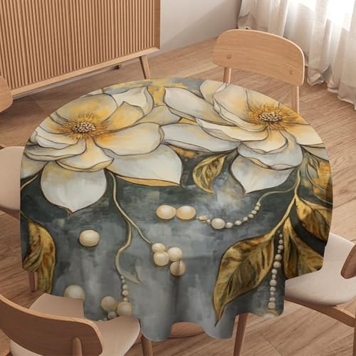 asbwuo Mantel Redondo rústico con Flores de Magnolia, Lavable, Color Amarillo Hoja, Ideal para Cocina, Comedor, Exteriores y decoración navideña, 60 Pulgadas