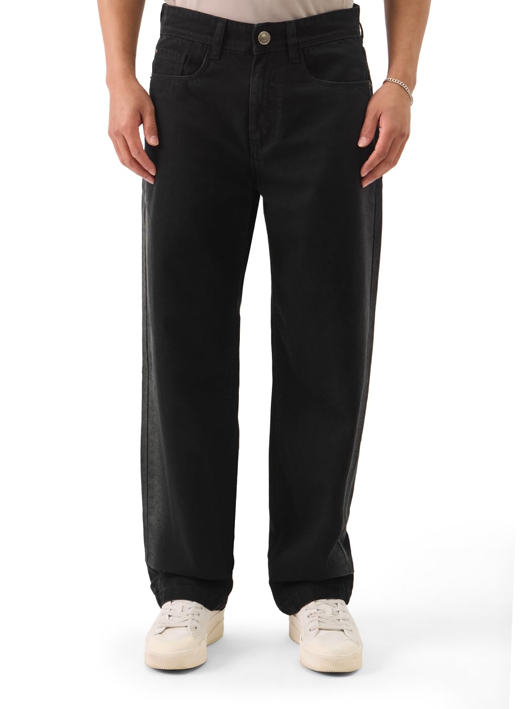 The Souled Store Dark Sapphire Pantalones vaqueros de mezcla de algodón para hombre y niño, corte recto, acampanados, formales, elásticos, con botones, estilo de cintura