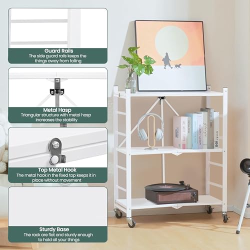 Image of ABOUT SPACE 3 Tier Pre - Assembled Multipurpose Foldable Kitchen Storage Rack with Wheels | Metal Shelf Rack for Storage Upto 90kg| L 75 x B 36 x H 85 cm Steel Rack for Home, Office, Garage - White