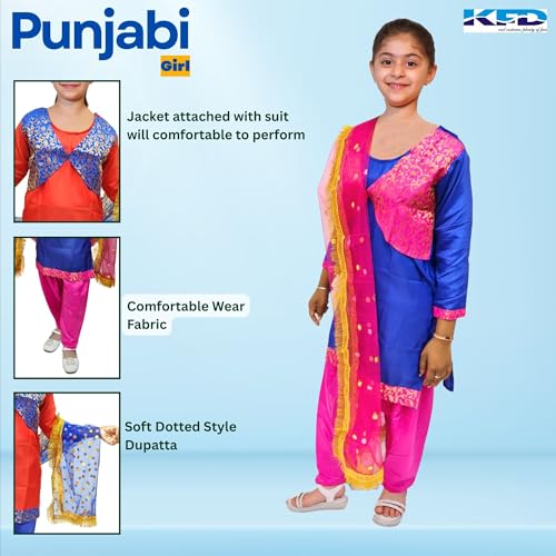 Image of Kaku Fancy Dresses Punjabi Girl Ethnic Costume for Kids - Blue & Magenta Salwar Suit Dress with Dupatta | Indian State Fancy Dress for Girls (3-4 Years)