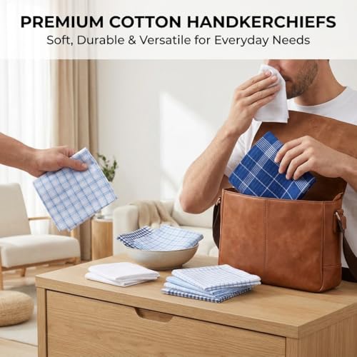 Image of Men's 12pcs 100% Cotton Checkered Handkerchiefs Gift Box, 15.75 Inch Soft Breathable Absorbent Large Pocket Squares