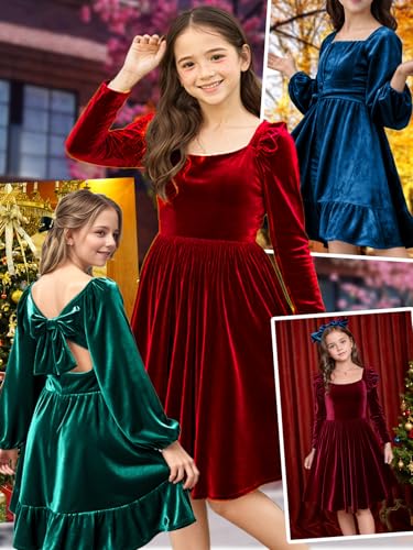 Girls Christmas Dress Fall Velvet Tie Back Long Sleeve Elegant Party Gifts for Outfits Kids Teen Winter Dresses4