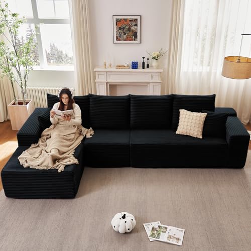 Image of 135.4 inch Modular Sectional Sofa, Modern Corduroy Cloud Couch with Deep Seat, Boneless Couch Upholstered 4-Seater L-Shaped Sofa for Living Room, No Assembly Required (Black, Left-Facing Chaise)