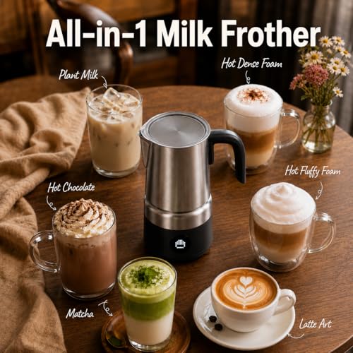 Image of AMZCHEF Milk Frother and Steamer, Electric Automatic Hot and Cold Foam Maker with 600W, 17oz Stainless Steel Pitcher & LED Display, 8-in-1 Milk Frother for Latte, Cappuccino, Macchiato, Hot Chocolate